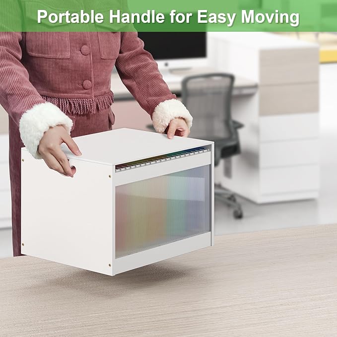 Hanging File Box Organizer for Letter Size Bamboo Acrylic File Folder Storage with Lid Clear Moving Boxes Wooden with Handle Desktop Wood Filing Holder for Office Banker Document White 1 Pack