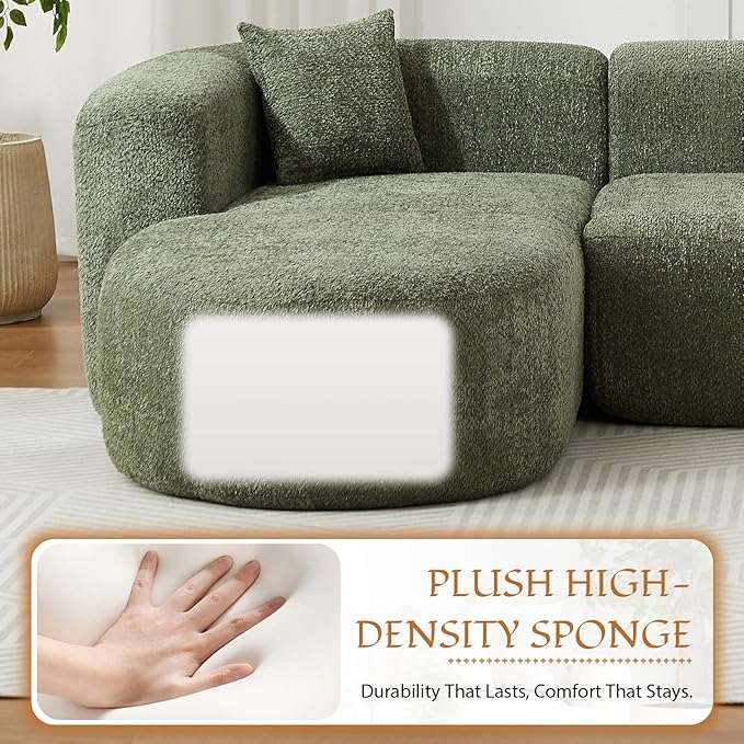 Curved Sectional Sofa with Left Chaise 109 Oversized Boneless Couches L-Shape Modern Cloud Modular Couche with Deep Seat Upholstery Chenille for Living Room No Assembly Required Green