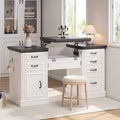Farmhouse 57 Lift Up Executive Desk with 5 Drawers and Charging Station Wood Home Office Computer Desk with File Cabinet Storage Keyboard TrayHeadphone Hook for WorkStudy (White+Black)