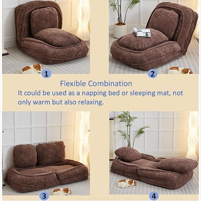 Lazy Sofa Couch 5 Adjustable Position Floor Sofa Fits with 2 Pillows Folding Tatami Lazy Bed Suit to Put in Bedroom Living Room (Brown)