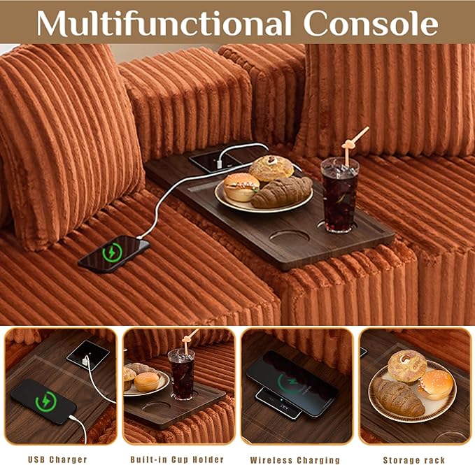 KEIKI 137.5 Modular U Shaped Sofa Oversized Corduroy Sectional Couch with Movable Footstool Cup Holders Wireless Charging Board Flexible No Assembly Sofa for Apartment or Loft