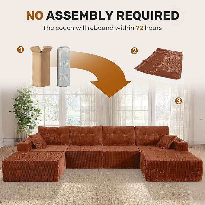 143 Modular Sectional Sofa for Living Room Convertible U-Shape Couch with OttomanModular Sectional SofaReddish Brown Corduroy