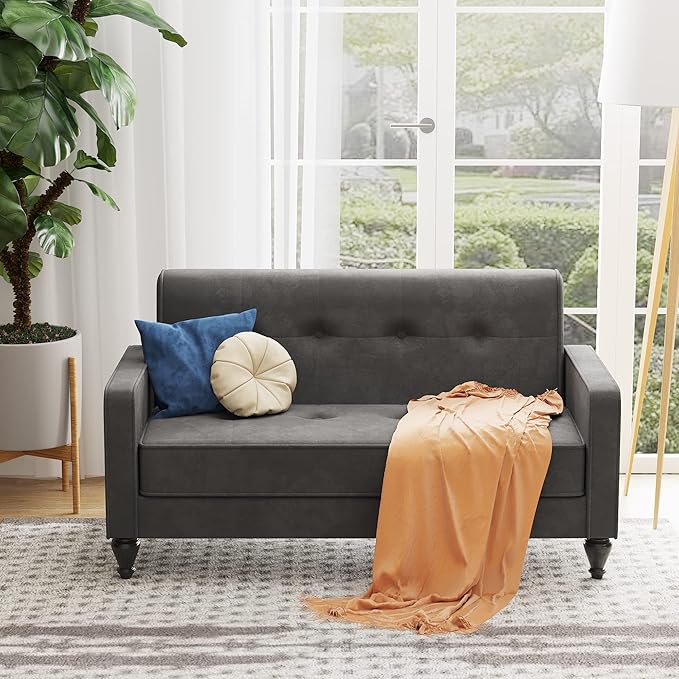 Velvet Love Seat Mini Couch Settee Loveseat Bench for Living Room Upholstered Small Loveseat Sofa with Tufted Padded Cushion Mid Century Modern Grey Love Seat