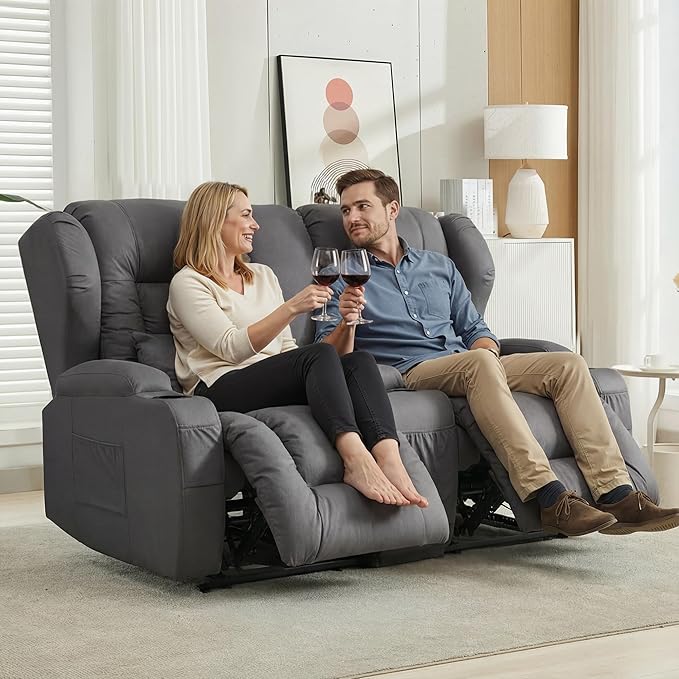 DRMBOOK RV Loveseat Recliner Sofa Double Wall Hugger Reclining Couches Manual Reclinable Movie Seating 2 Person Recliner for Travel Trailer (Leathaire Grey 2 Seater with Standard Console)