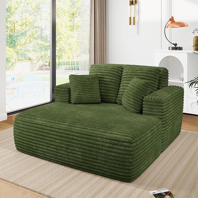 56 Oversized Chaise Lounge Chair IndoorPlush Corduroy Sleeper Sofa Couch Bed with Pillows&ampWide ArmrestsFluffy Comfy Cloud CouchCompression Foam Couch for Living RoomBedroom(Green)
