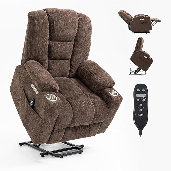 Power Lift Recliner Chair for Eldery Chenille Electric Recliner Chairs with Massage and Heat Remote Control Standing Assistance Lay Flat Recliner Sofa for Living Room Medium-FirmBrown