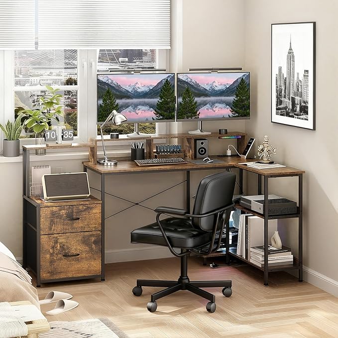 GTPLAYER 73 L Shaped Gaming Desk Reversible Computer Desk with Power Outlets &amp LED Lights Home Office Corner Desk with Storage Shelves Monitor Stand and Tower Space Rustic Brown