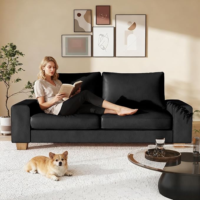 Modern Faux Leather Sofa Large Couch with Spring Cushions &amp Solid Wood Frame Easy-to-Clean Removable Cover Spacious Living Room Family Furniture Extra Long Couch (88.58 Black)