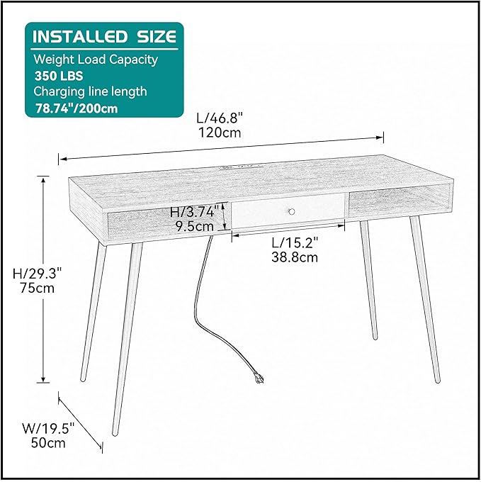 kevinplus Modern Mid-Century Desk with Drawer 46.8'' with Fast Charge USB Port &amp Power Outlet Study PC Computer Writing Desk with Type-C Ports Charging Station Home Office Desk Walnut &amp Dar