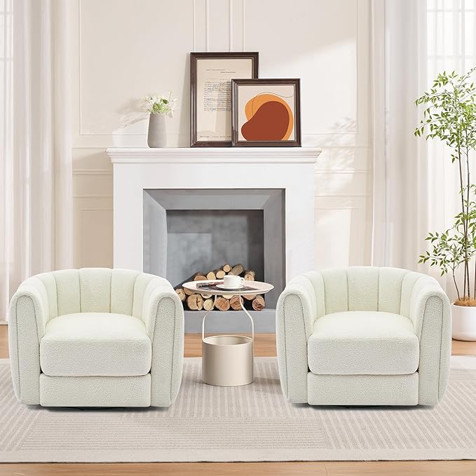 Swivel Barrel Chair - Velvet Upholstered Modern Armchair with Striped Backrest &amp Plush Padding Round Lounge Chair for Living Room Bedroom (Teddy Velvet | Beige (2 PCS))