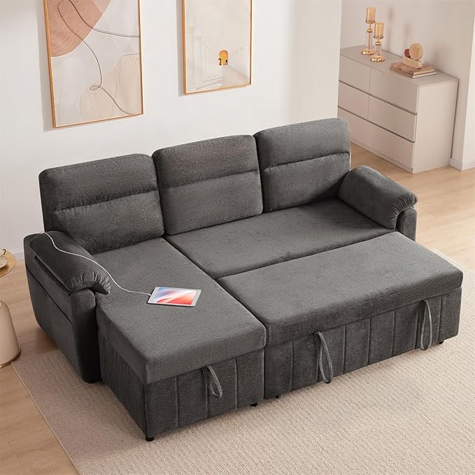 Tbfit 84’’ Queen Sleeper Sofa Couch with Pullout Bed 3 in 1 Cloud Sofa Bed Couch with Storage Chaise &amp USB Chenille Convertible Sleeper Sofa Pull Out Sofas for Living Room Small Spaces Dark G