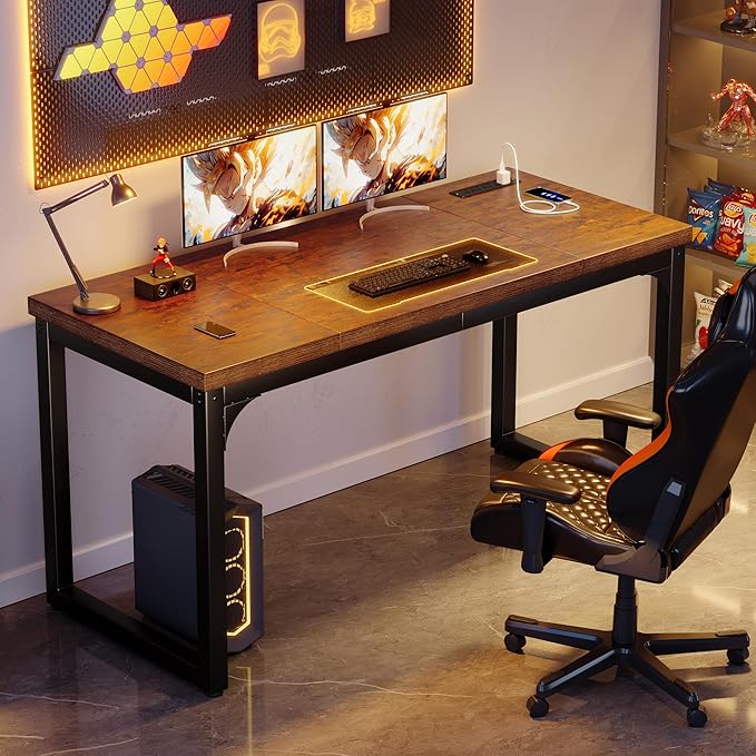 Computer Desk with Power Outlets 55 Inch Large Home Office Desk with Deeper &amp Thicker Desktop Modern Gaming Desk Study Writing Work Desk Metal Frame Rustic Brown