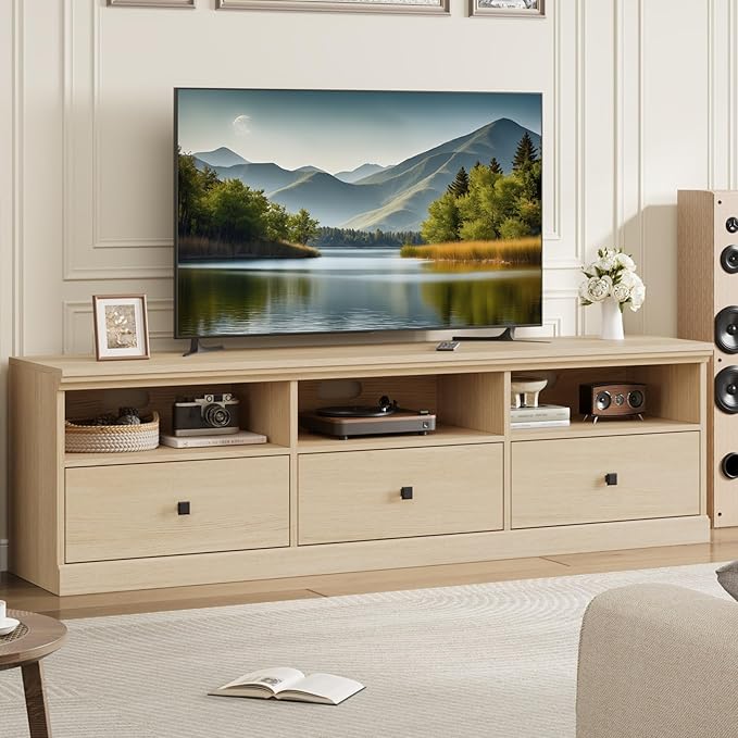 IDEALHOUSE 70in TV Stand for TVs up to 80 Mid Century Modern Entertainment Center with Storage Drawer and Open Shelves TV Console Media Cabinet for Living Room Bedroom Light Oak
