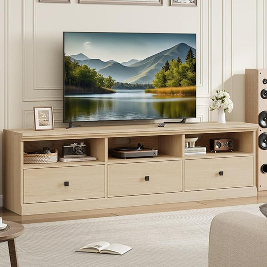 IDEALHOUSE 70in TV Stand for TVs up to 80 Mid Century Modern Entertainment Center with Storage Drawer and Open Shelves TV Console Media Cabinet for Living Room Bedroom Light Oak