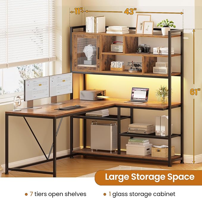 SEDETA L Shaped Computer Desk 58'' Office Desk with LED Light and Bookshelf L Shaped Corner Desk with Storage Shelves for Home Office Gaming Desk L Desk Rustic Brown