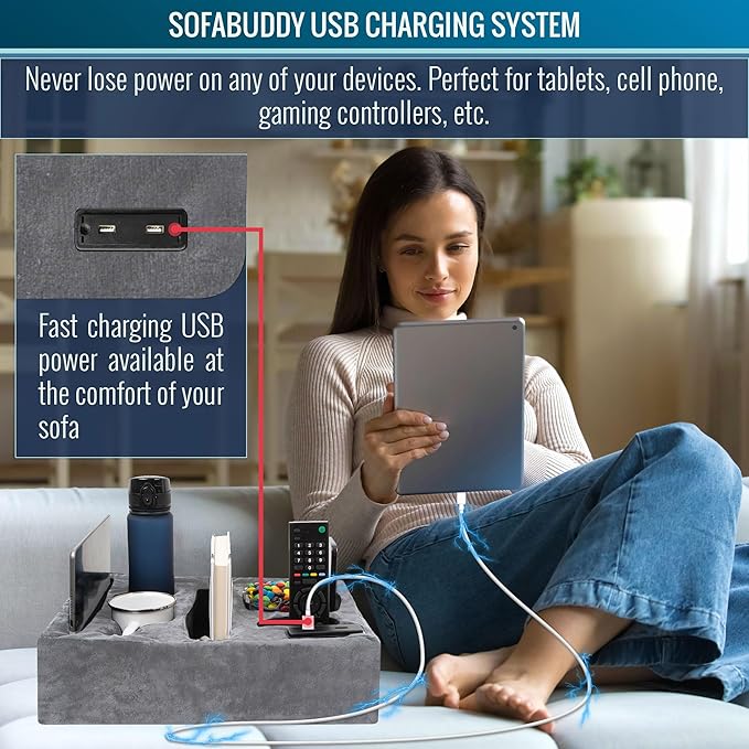 Couch Cup Holder &amp Organizer with USB Charging Ports – Sofa Caddy for Drinks Remotes Snacks &amp More – Perfect Couch Accessory with Anti-Slip Design
