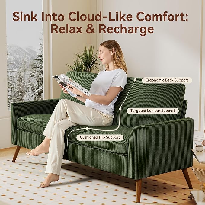 Vipbear 68 Loveseat Sofa - Green Comfy Corduroy with Spring Cushion Solid Wood Frame Modern Deep Seat Bedroom &amp Living Room Office Small Couch