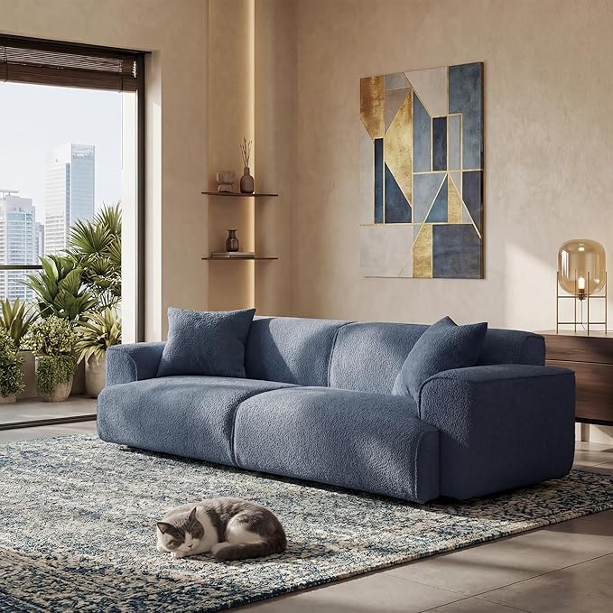 Modern 91'' Wide Cloud Couch Sofa Love Seat Couches W/Solid Frame Friendly Couch W/Boucle Couch Cozy Fabric with 2 Pillow &amp Rectangular Arm for Apartment Blue