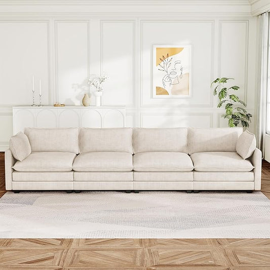4 Seat Modular Sofa 148'' Oversized Modern Corduroy Sectional Couch with 4 Pillows Upholstered Cloud Deep Seat Sofa for Living RoomBeige