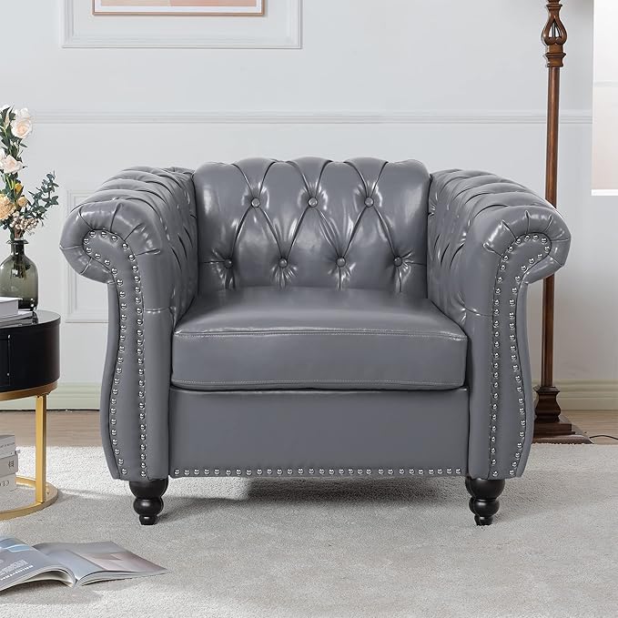 LEVNARY Leather Upholstered Armchair Mid-Century Modern Single Sofa Chair with Rolled Arms and Nailhead Tufted Pu Leather Chesterfield Chair for Home Bedroom Reading Room (Gray)