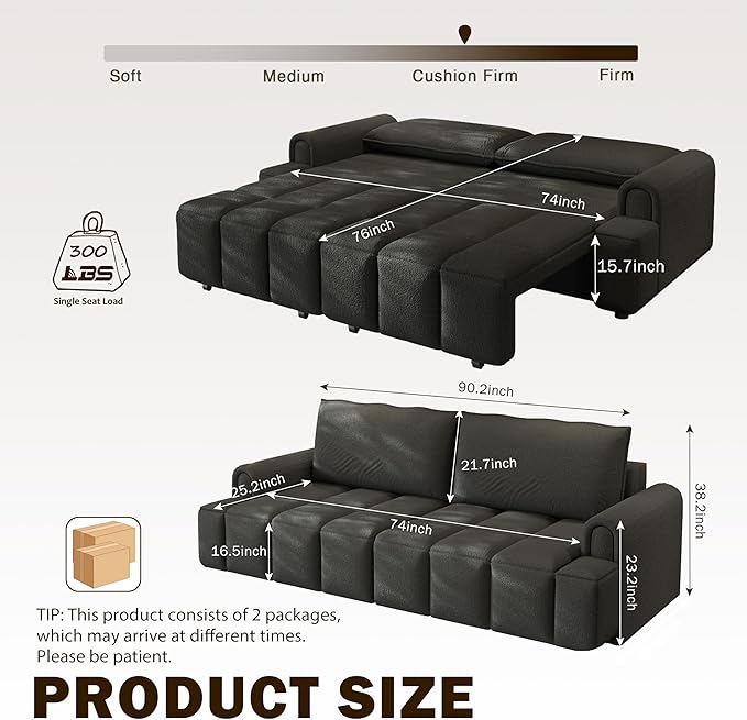 90.2 Futon Sofa Bed King 3-in-1 Teddy Convertible L-Shaped Sofa Upholstered Loveseat Couches Pull Out Couch Bed Small Spaces Deep Seat Storage for Living Room Apartment Black