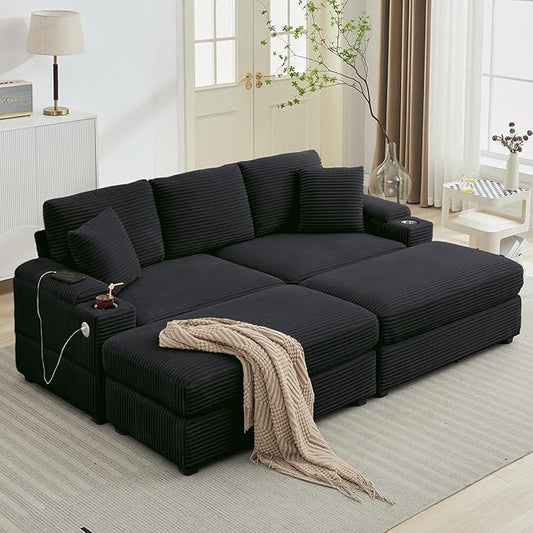 86.6 Sectional Sofa Couch with 2 Ottomans Comfy Corduroy Upholstered Cloud Modular Convertible Couch with Cup Holders and USB Armrest Storage Deep Seat Oversized Loveseat for Living Room Black
