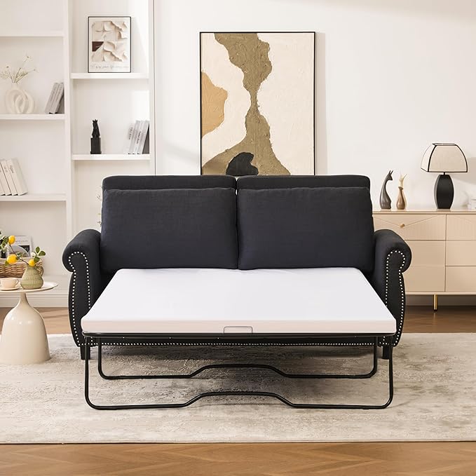 Queen Pull Out Sofa Bed 74' Large Convertible Sleeper Sofa 2 Seater Loveseat Sofa-Bed with Queen Size Mattress for Living Room Small Spaces Apartment Studio Dark Gray