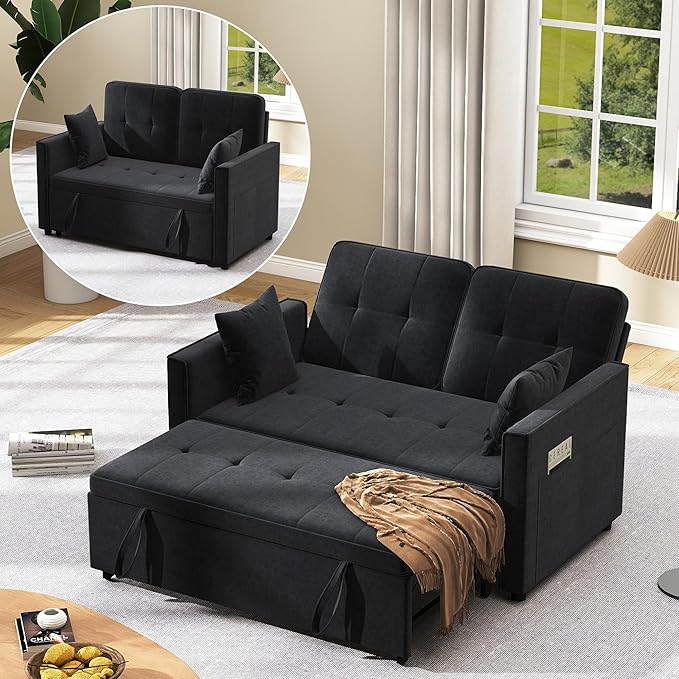 Loveseat Sleeper Sofa Bed Couch: Queen Sleeper Chair Pull Out Bed for Living Room Black Velvet Couch Beds for Small Spaces 3 in 1 Convertible Sofa with Armrests
