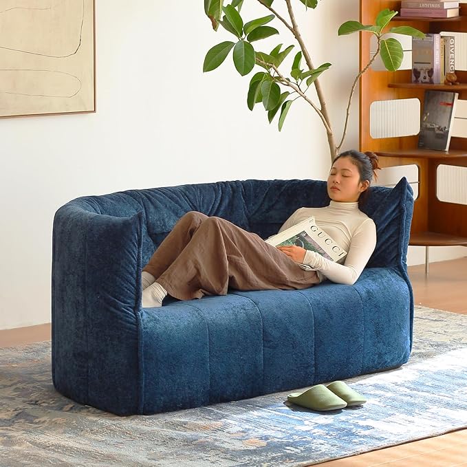 N&ampV Mid Century Brigantin Deep Relaxation Sofa Soft Premium Chenille for Living Room Bedroom and Office (Blue ThreeSeater)