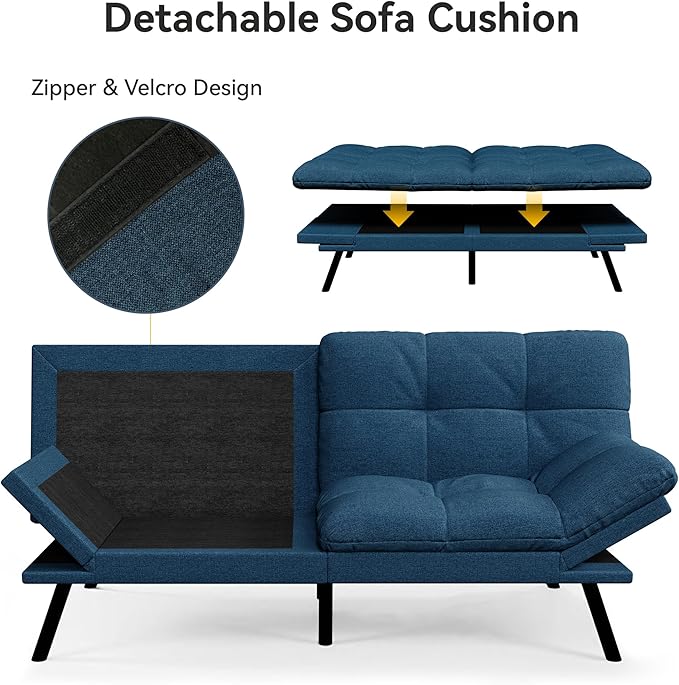 Vipbear 71 Convertible Futon Sofa BedLinen Fabric Futon Couch with Detachable CushionAdjustable Backrest &amp ArmrestModern Loveseat Sleeper Recliner for Living RoomOfficeApartmentRetro Blue