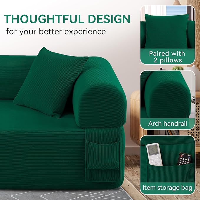 83 Boneless Couch 3 Seater Sofa with 2 Matching Pillows Compact Corduroy Couches for Living Room Side Storage Pockets Floor Sofa with Removable Armrests No Assembly Required Green