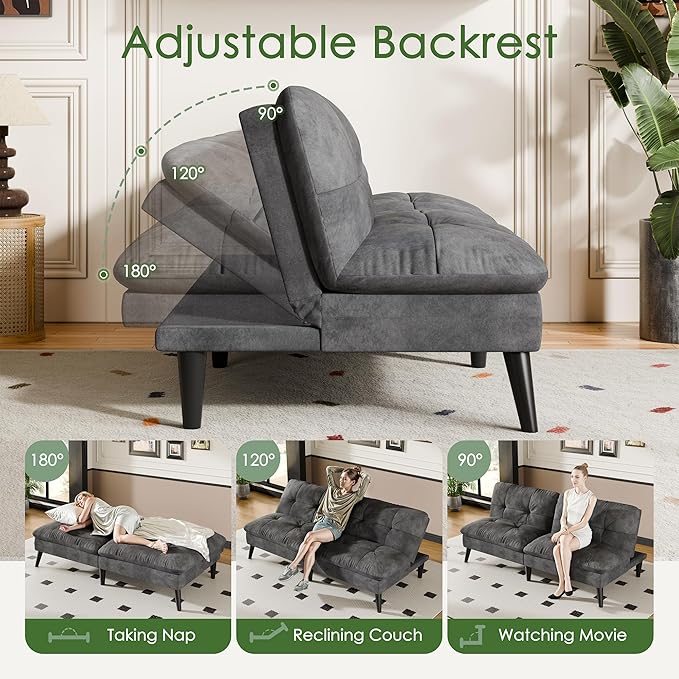 Vongrasig Futon Sofa Bed Velvet Futon Couch with Adjustable Backrest Small Convertible Folding Sleeper Sofa Bed Modern Loveseat for Living Room Bedroom and Small Space (Grey)