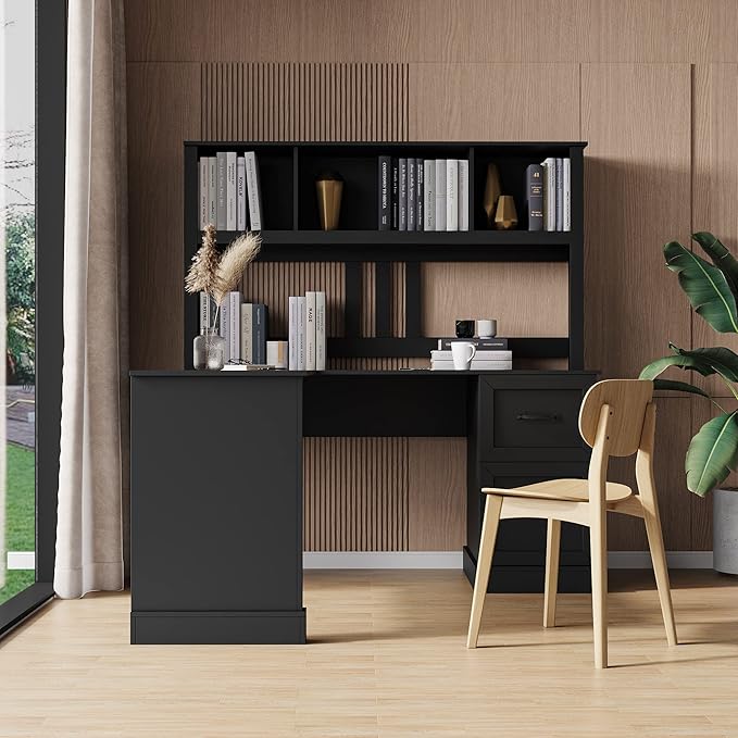 Harper &amp Bright Designs L Shaped Computer Desk with Hutch and Drawers Home Office Desk with Bookshelf Corner Desk Study Table Writing Desk with Storage Shelves Antiqued Black