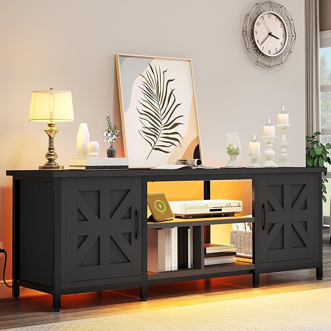 YITAHOME TV Stand with LED Lights &amp Charging Station Farmhouse Entertainment Center with Storage Cabinets &amp Shelves Cross-Pattern Doors Fits TVs up to 70'' TV Consoles for Living Room Bla