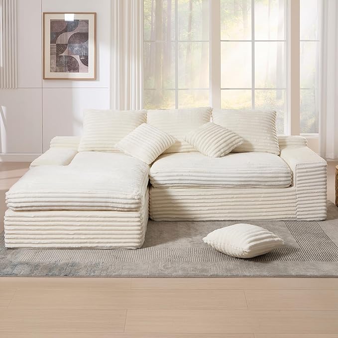 99 Cloud Modular Sectional CouchL-Shape Sofa Couch with Deep SeatModern Boneless Compressed Sofa with Chaise3 Seater Corduroy Couches for Living Room Bedroom No Assembly Required (Beige)