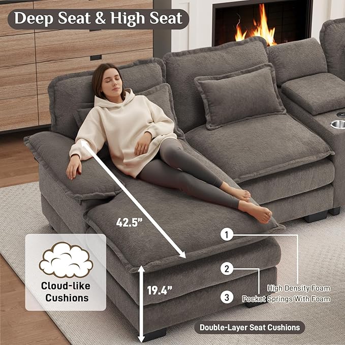 OUYESSIR U Shaped Cloud Sectional Couch 124 Fluffy Modular Sofa Set with Double Chaise Lounge Central Console &amp USB Port Comfy Chenille Big Sectional Couches for Living Room Stone Grey