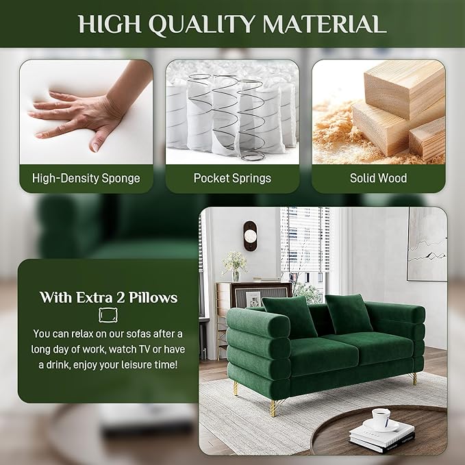 OUYESSIR Cloud Sofa Couch for Living Room 59 Comfy Deep Seat Velvet Loveseat Sofa with 2 Pillows and Gold Legs Modern Upholstered 2 Seater Love Seat for Bedroom Office Emerald Green Velvet
