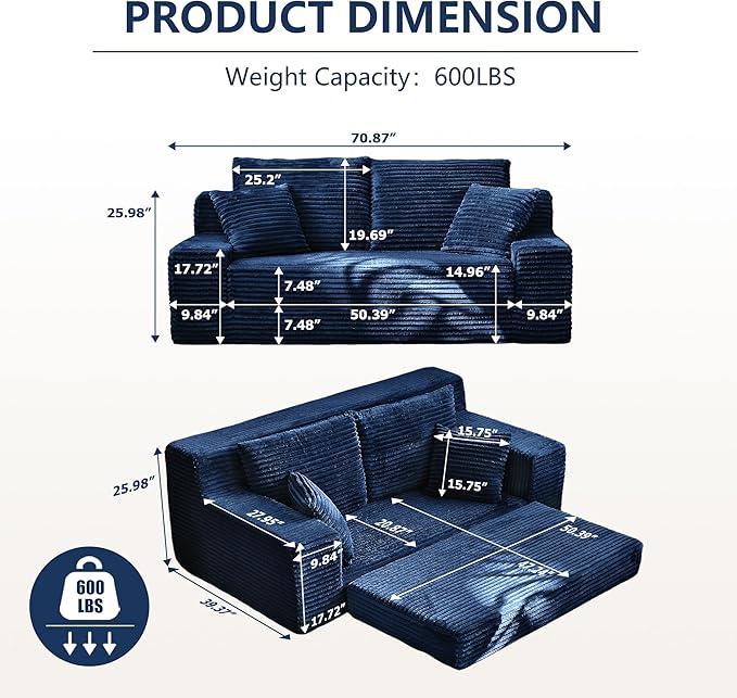 70.9'' Loveseat Sofa 2 Seater Flannel Fabric Loveseat Couches Comfy Upholstered Modern Leisure Love Seat Couch with 2 Pillow Convertible Sofa Bed for Bedroom Office Living Room
