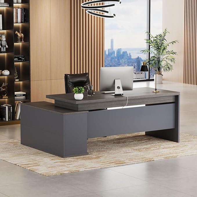70.8 L-Shaped Executive Desk with File Drawers and Storage Cabinet Modern Large Office Desk Computer Workstation Gray Oak &amp Grey