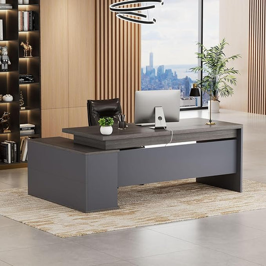 70.8 L-Shaped Executive Desk with File Drawers and Storage Cabinet Modern Large Office Desk Computer Workstation Gray Oak &amp Grey