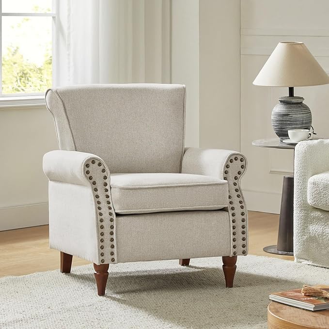 HULALA HOME Accent Chair with Wood Legs &amp Removable Cushion Modern Wingback Armchair with Nailhead Trim Comfy Upholstered Lounge Chair Single Sofa Chairs for Living Room Bedroom Oatmeal
