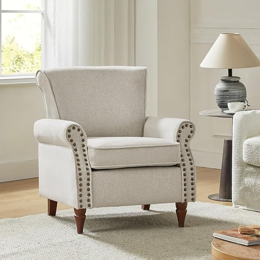 HULALA HOME Accent Chair with Wood Legs &amp Removable Cushion Modern Wingback Armchair with Nailhead Trim Comfy Upholstered Lounge Chair Single Sofa Chairs for Living Room Bedroom Oatmeal