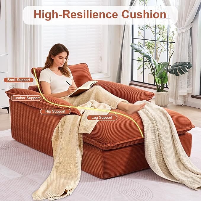 GNIXUU 67 Oversized Chaise Lounge Chair Indoor Corduroy Upholstered Boneless Sleeper Sofa Bed Comfy Large Reading Chair with Wide Armrests Plush Cloud Couch for Living Room Bedroom Orange | easy