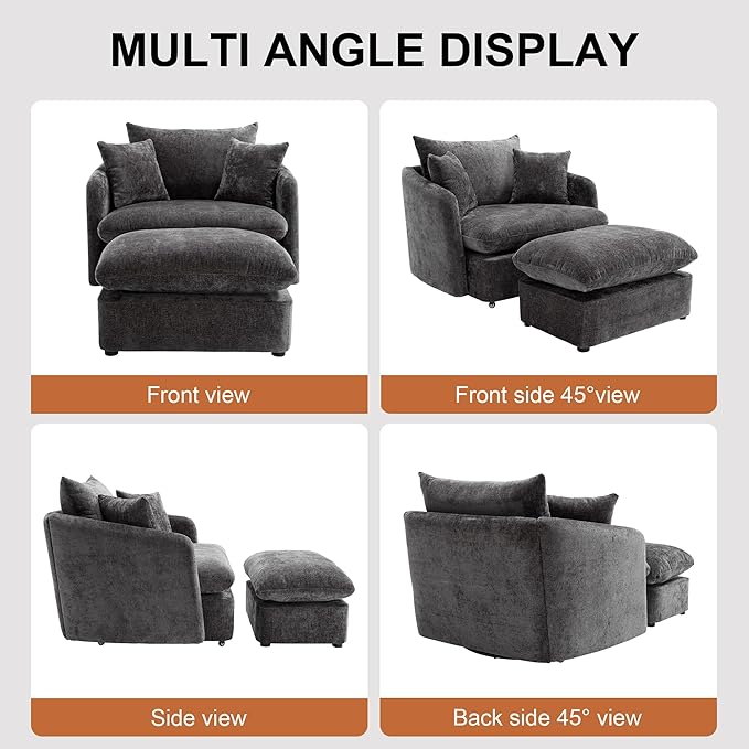46 Oversized Swivel Accent Chair with Ottoman Set Upholstered 360° Swivel Barrel Chair and A Half with Ottoman Extra Wide Seat Lounge for Living Room Reading Bedrooms