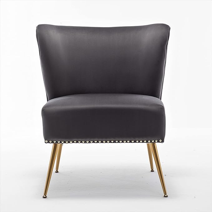 Thia Armless Velvet Accent Chair for Living Room Elegant Seat with Nailhead Trim Gold Metal Legs and Comfortable Curved Back 28 D x 25 W x 29.5 H Grey