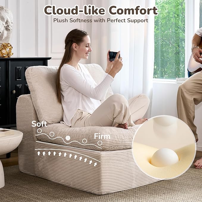 108 Cloud Sectional Couches for Living Room Convertible L-Shape Boneless Couch with Ottoman 4 Seater Modular Cloud Sofa with Deep Seat (Beige3 Seater + 1 Ottoman)