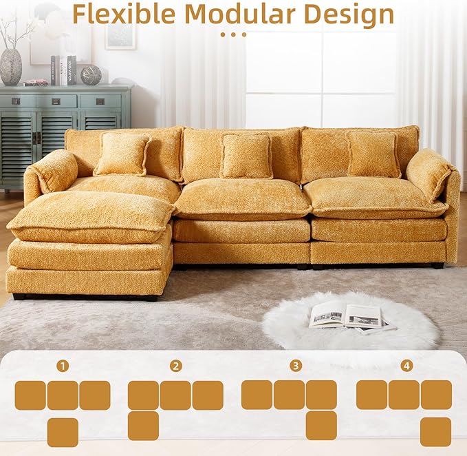 GNIXUU 112 Oversized Sectional Sofa Cloud Couch for Living Room Modern Chenille L Shaped Couch Comfy Boucle Modular Sofa Sleeper with Moveable Ottoman &amp Memory Foam(Musterd Yellow)