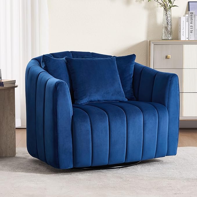 Mlmh &amp Kngwa 40.35 W Swivel Accent Chairs Oversized 360 Degree Swivel Barrel Chair with 3 Pillows Velvet Armchair for Living Room Bedroom Navy