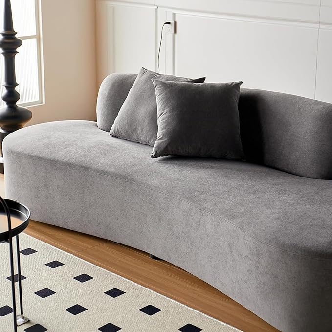 90 Curved Sofa with Throw Pillows 4 Seater Luxury Velvet Couch with Half Moon Design and High-Density Foam Ideal for Modern Living Room Office &amp Apartment Grey