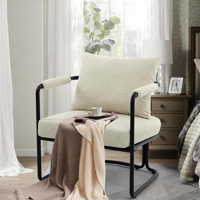 Accent Chairs Set of 2 for Living Room Mid Century Modern Upholstered Reading Armchairs for Bedroom Office with Comfy Chenille Cushion &amp Metal Frame Beige Cream